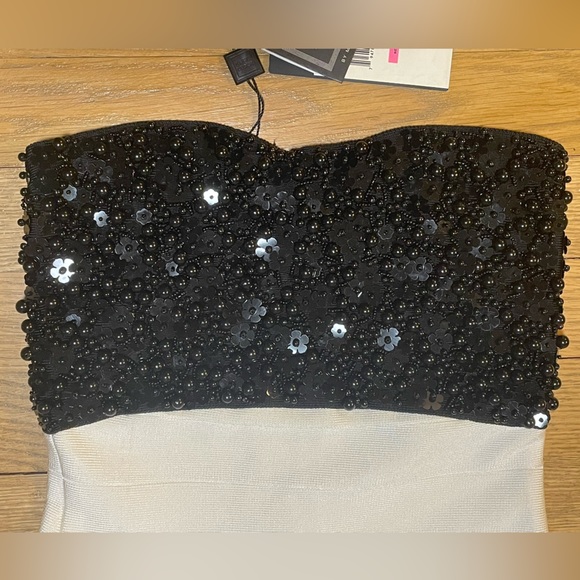 NWT- HERVE LEGER Black & White Strapless Bandage Knit Midi Cocktail Party Dress - Picture 3 of 13